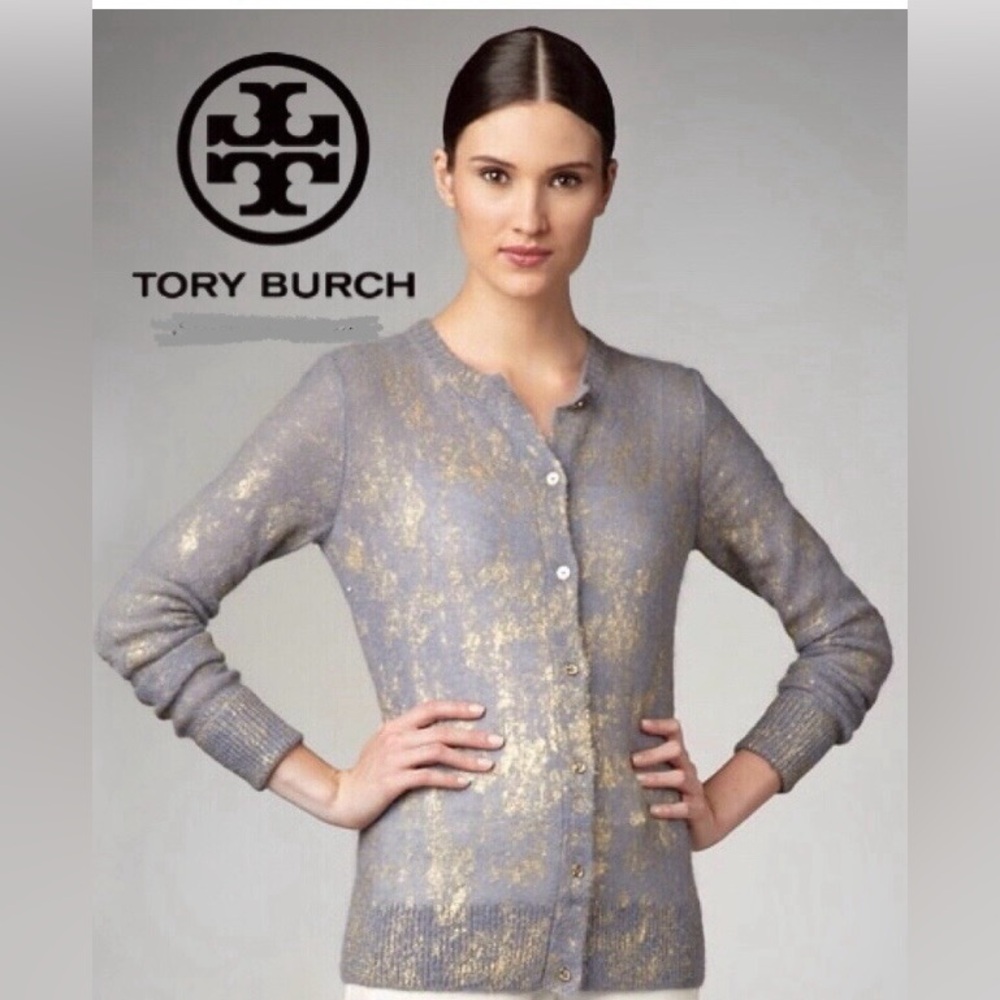 Tory Burch metallic blue/gray gold shimmer button up cardigan sweater xs RARE